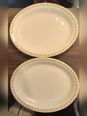 Shenango China Elegant Cream Platters with Gold Floral Rim - Set of 2